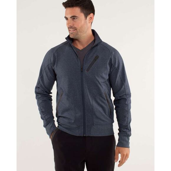Lululemon Trainer Jacket MENS L Heathered Black Iris Blue Luon Sweatshirt EUC